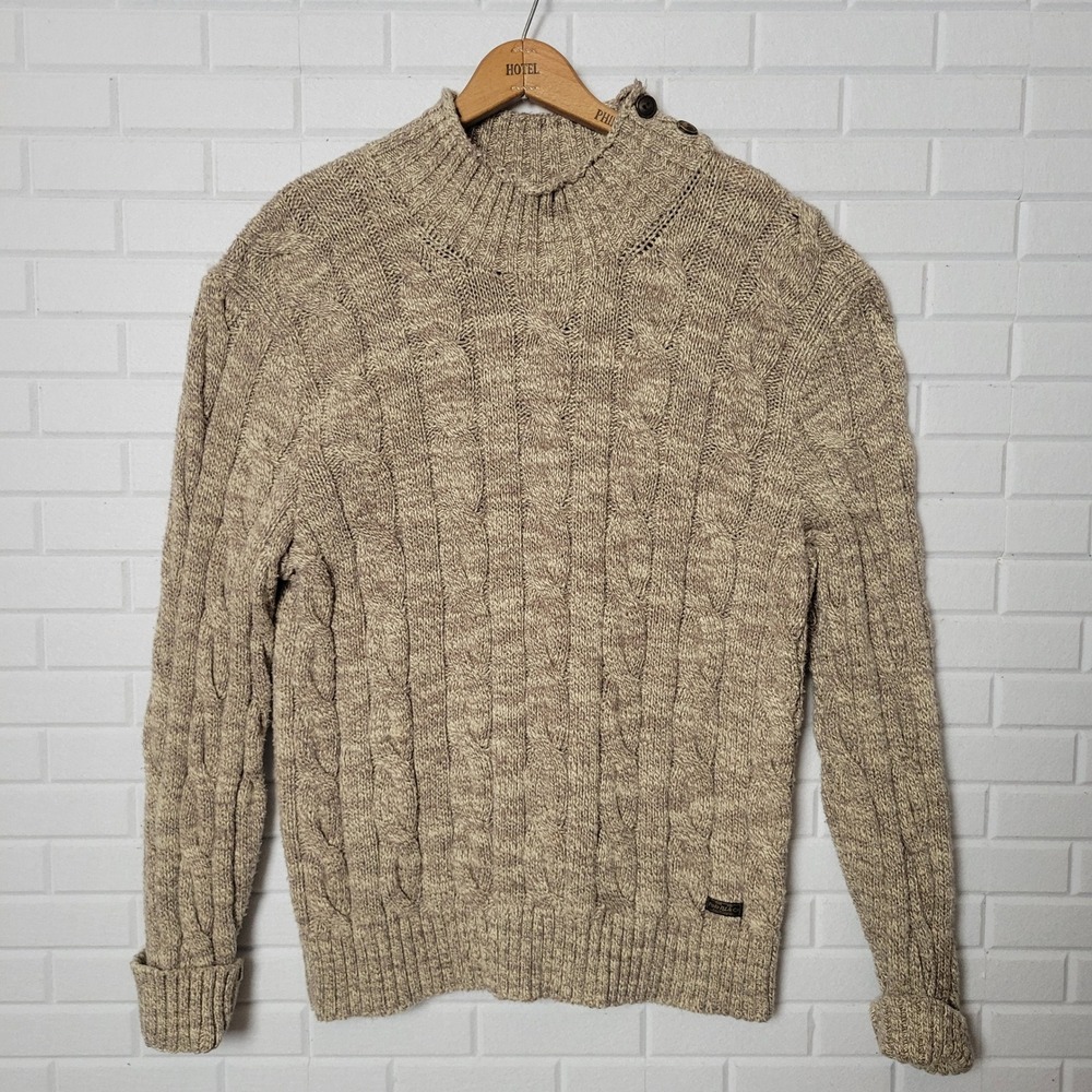 Vintage 90s Ralph Lauren Polo Mock Neck Sweater L Tan Cableknit Cotton